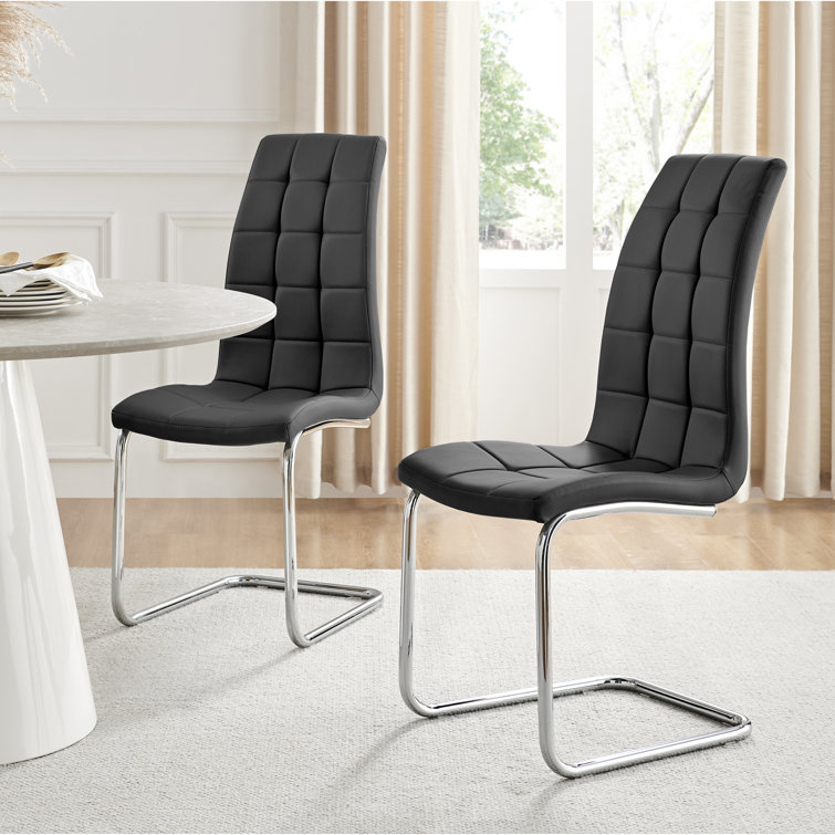 Chowchilla Faux Leather Cushioned Chrome Cantilever Leg Dining Chairs with Square Stitching